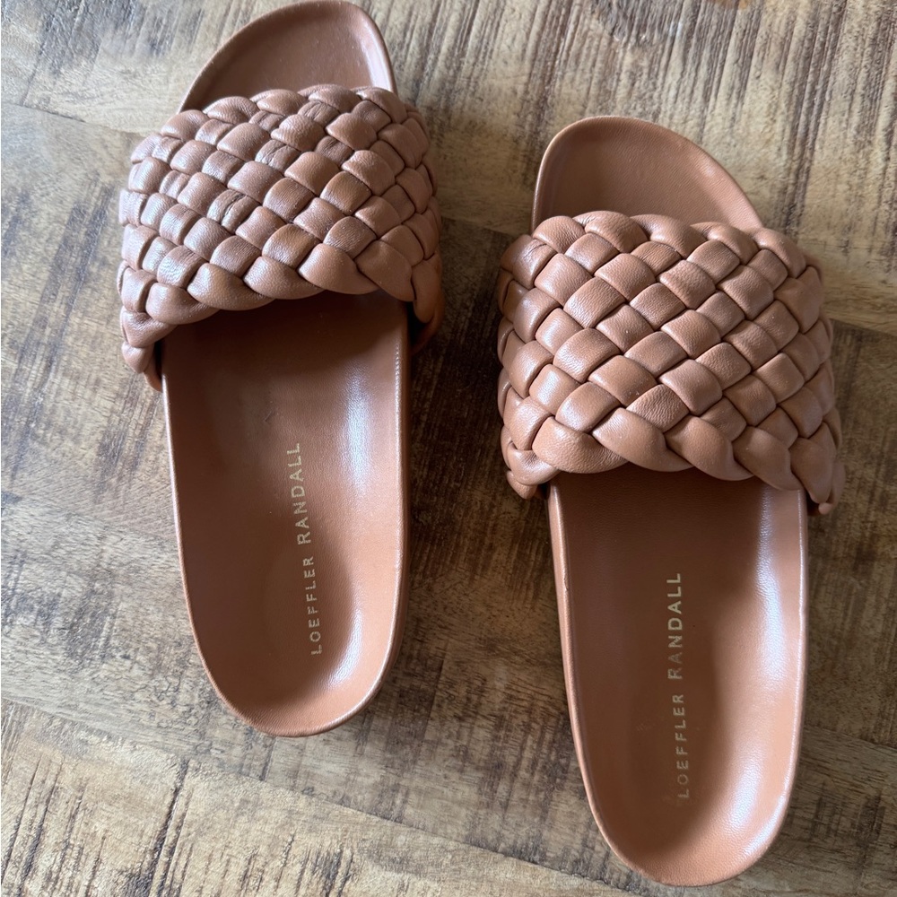Loeffler Randall Tan Woven Leather Sandals Worn Once Slides.